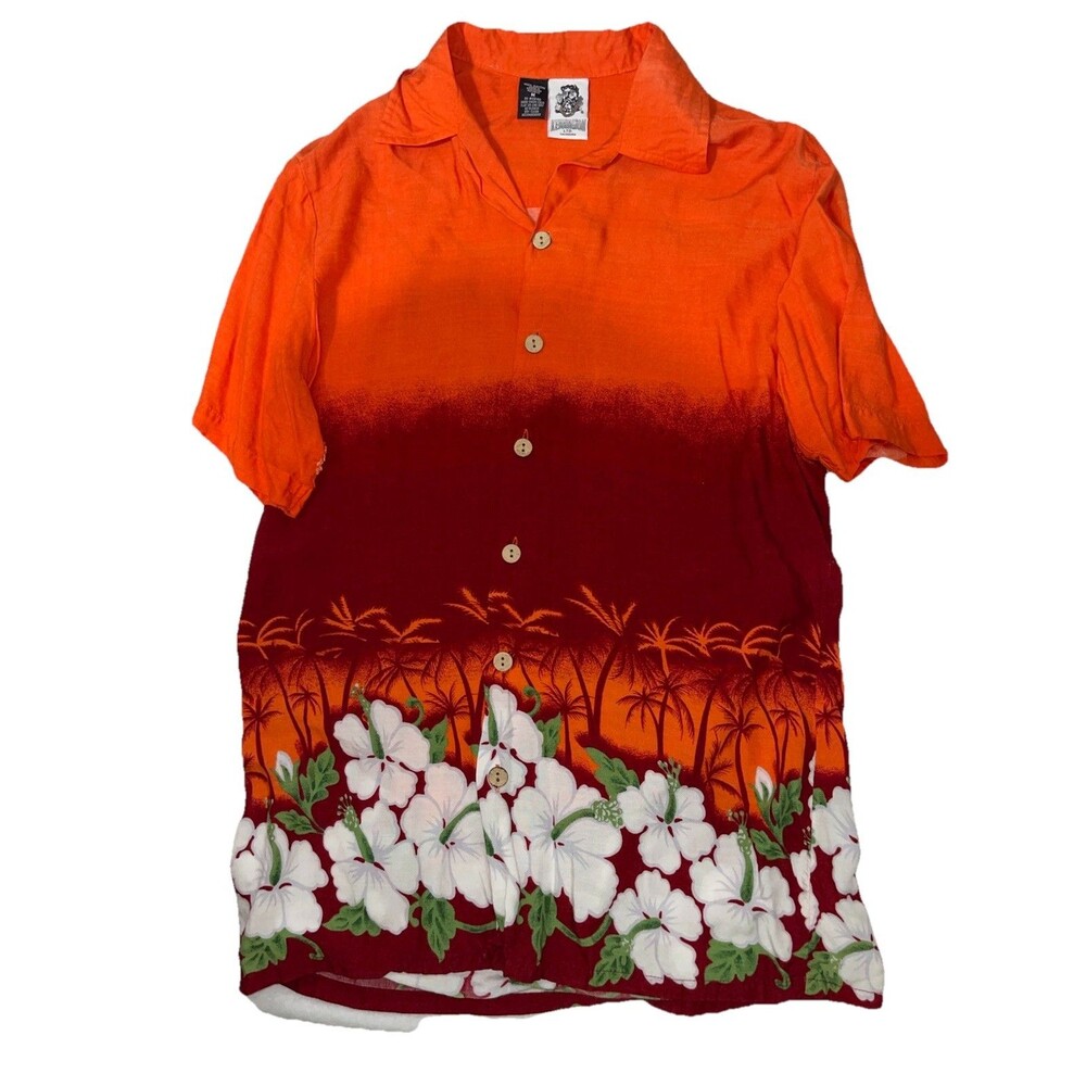 Kennington HAWAIIAN Button Down Short Sleeve shirt Orange Sunset Floral Men’s M